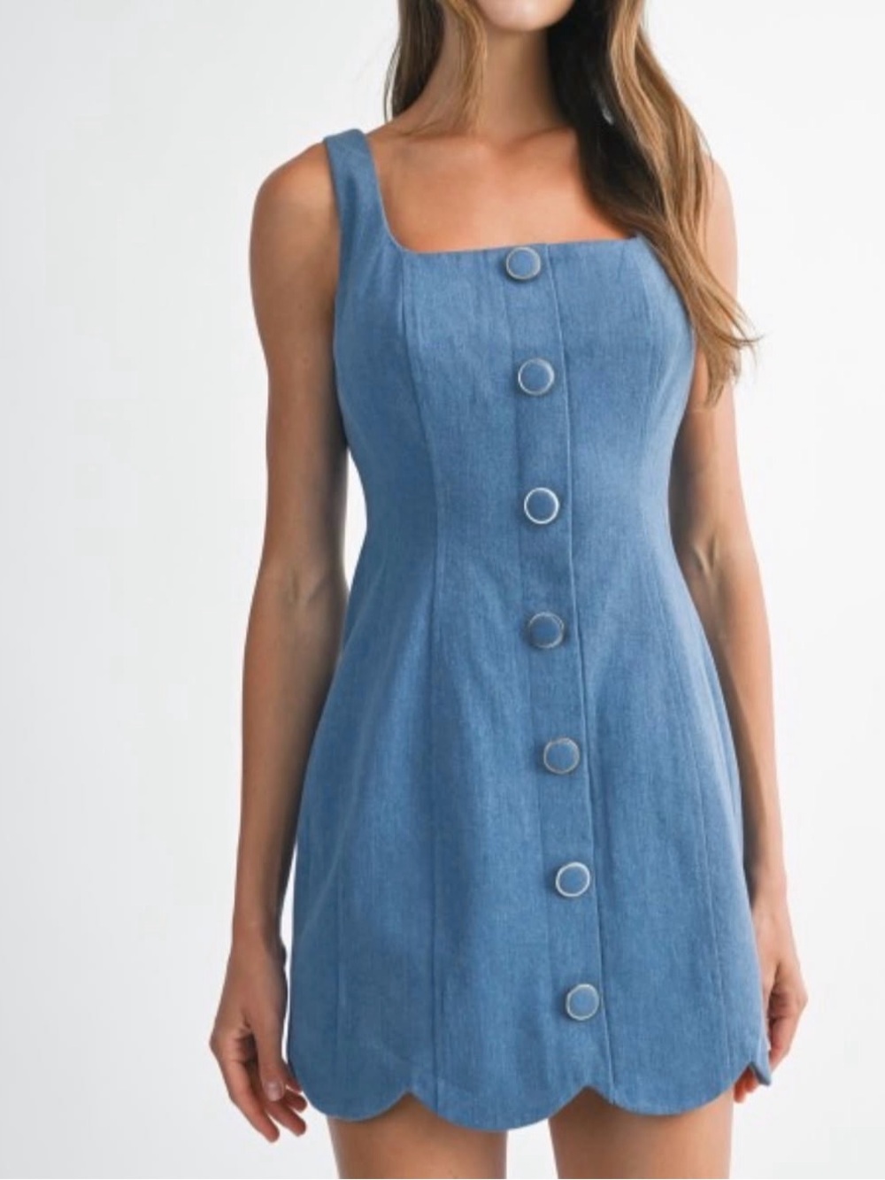 NWT MABLE Denim-Blue Scallop Hem Mini Dress
